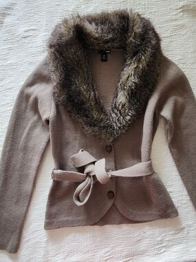 H&M Taupe Knit Cardigan with Faux Fur Shawl Collar and Tie Belt